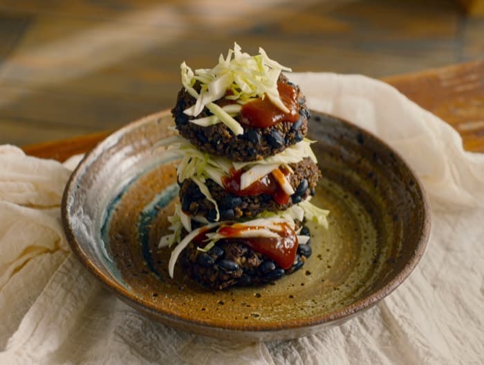 BBQ Black Bean Burgers, plated and ready to serve
