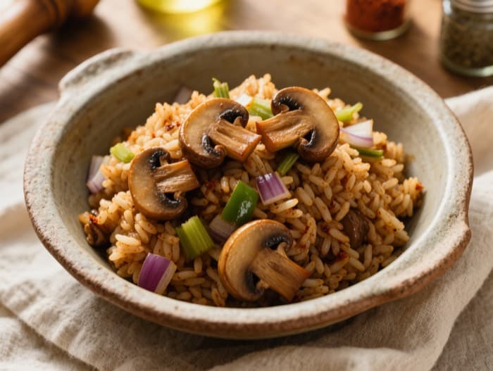 Cajun Mushroom Dirty Rice, plated and ready to serve
