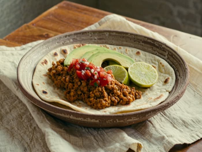 Lentil Taco Flatbreads, plated and ready to serve