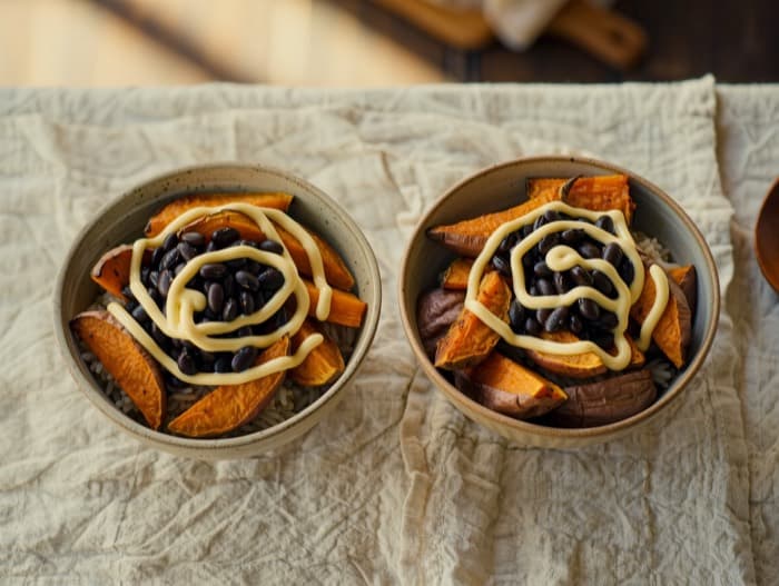 Roasted Sweet Potato and Black Bean Bowls, plated and ready to serve