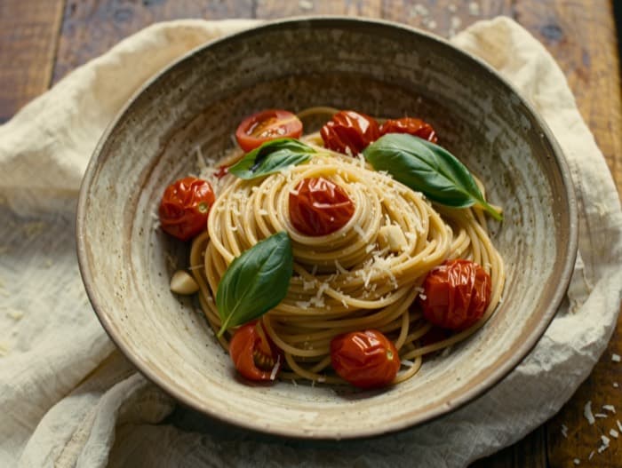 Fresh Tomato and Basil Spaghetti, plated and ready to serve
