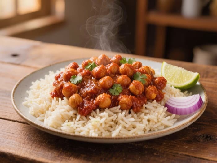 Chickpea Curry with Rice, plated and ready to serve