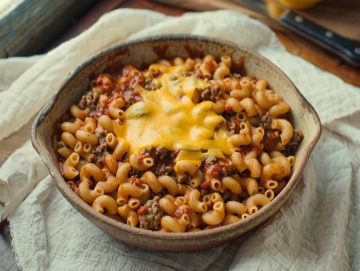 Cheeseburger Skillet Macaroni, plated and ready to serve