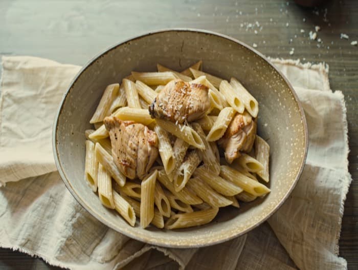 Chicken Alfredo Penne, plated and ready to serve