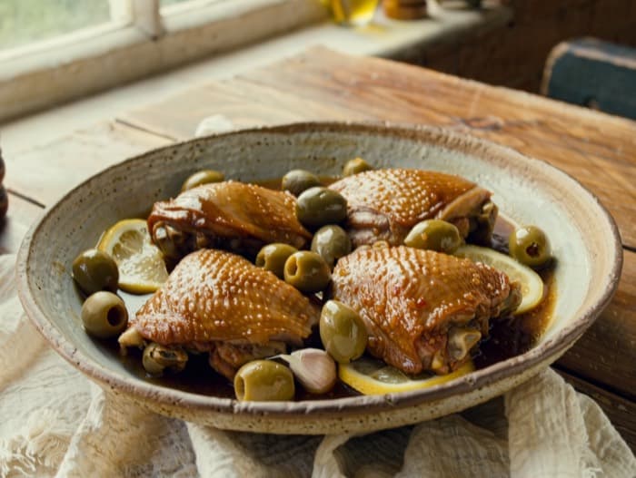 Braised Chicken with Olives and Lemon, plated and ready to serve