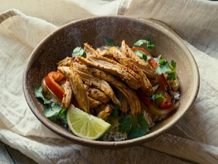Chicken Fajita Bowls, plated and ready to serve