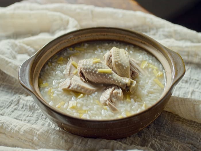 Chicken and Ginger Rice Porridge, plated and ready to serve