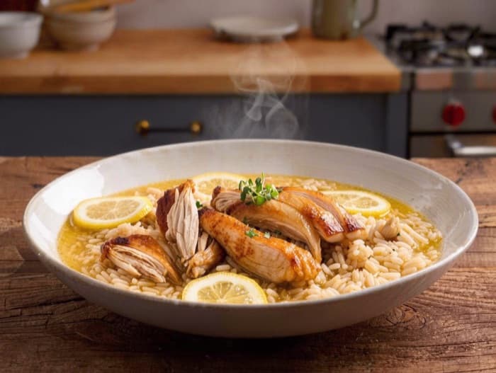 Lemon Chicken and Rice Soup, plated and ready to serve