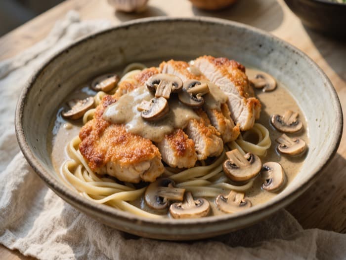 Chicken with Mushroom Pan Sauce, plated and ready to serve