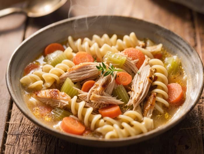 Chicken Noodle Soup, plated and ready to serve