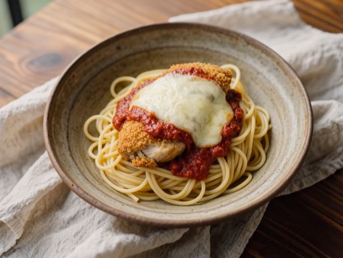 Baked Chicken Parmesan, plated and ready to serve