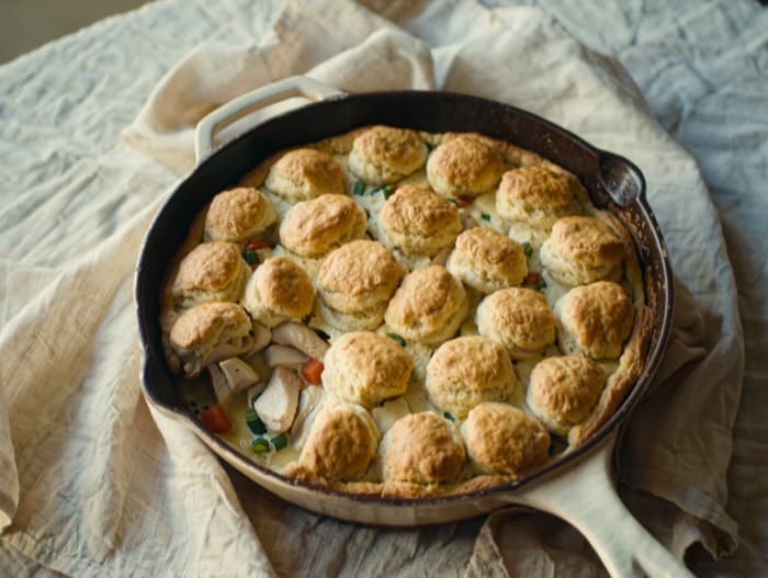 Skillet Chicken Pot Pie with Biscuits, plated and ready to serve