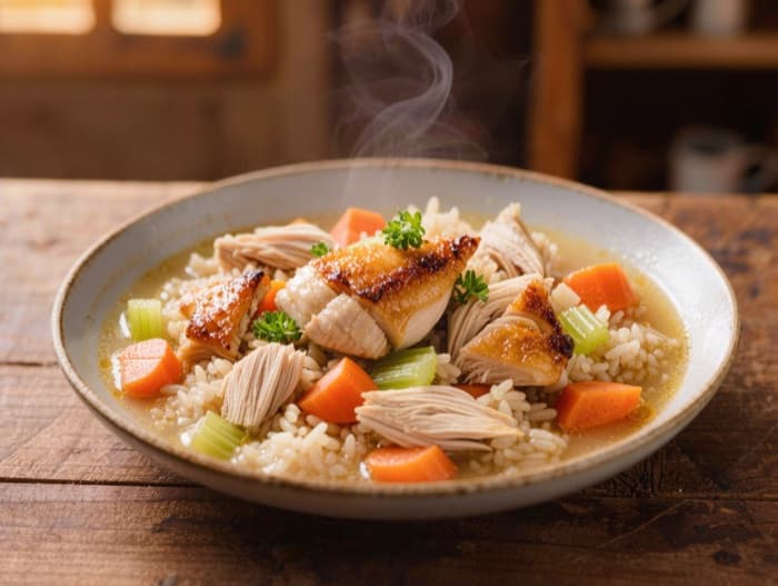 Chicken and Rice Soup, plated and ready to serve