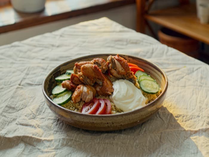 Chicken Shawarma Bowls, plated and ready to serve