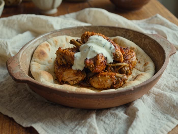 Sheet-Pan Chicken Shawarma with Pita, plated and ready to serve