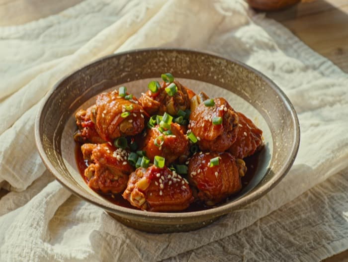 Sticky Korean-Style Chicken Thighs, plated and ready to serve