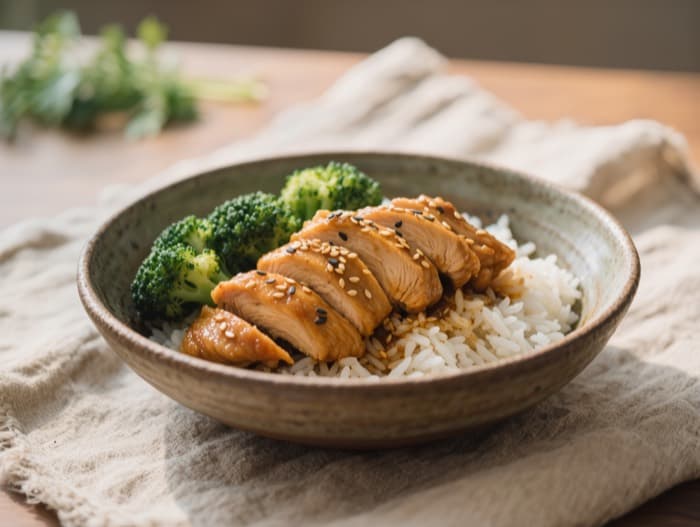 Chicken Teriyaki Rice Bowls, plated and ready to serve