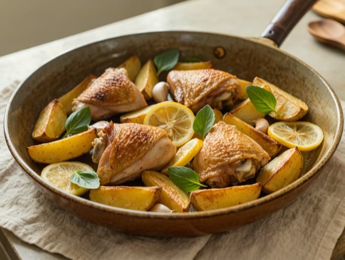Greek Lemon Chicken and Potatoes, plated and ready to serve
