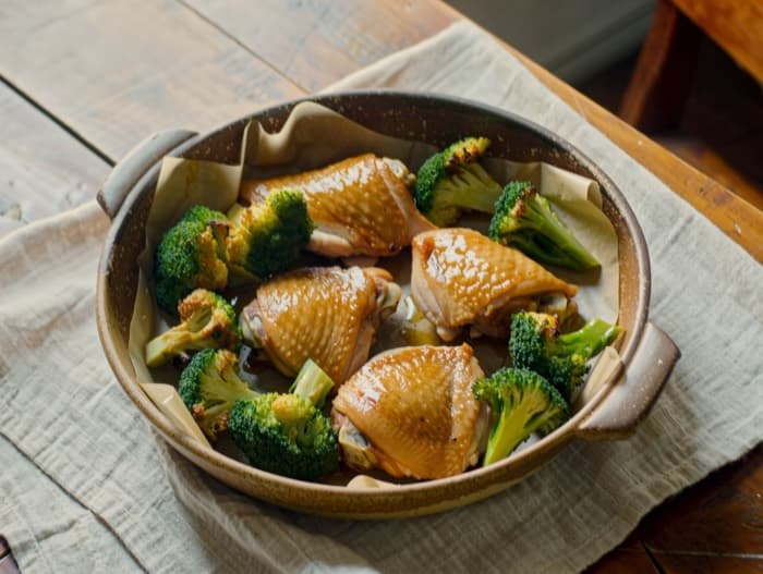 Sheet-Pan Honey Mustard Chicken and Broccoli, plated and ready to serve