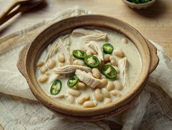 White Chicken Chili, plated and ready to serve