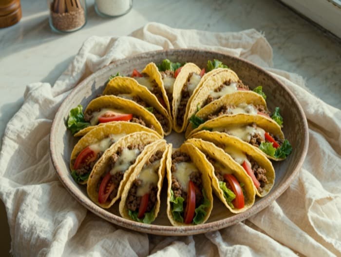 Classic Ground Beef Tacos, plated and ready to serve