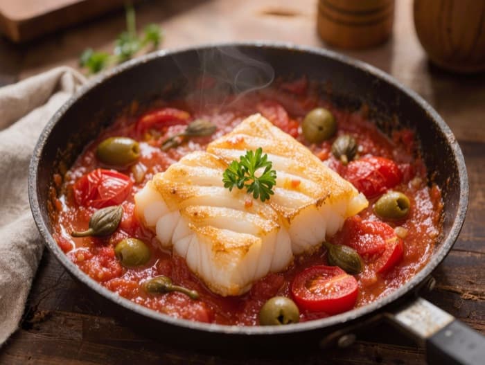 Cod Braised in Tomatoes and Olives, plated and ready to serve