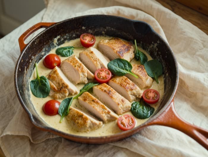 Creamy Tuscan Chicken Skillet, plated and ready to serve