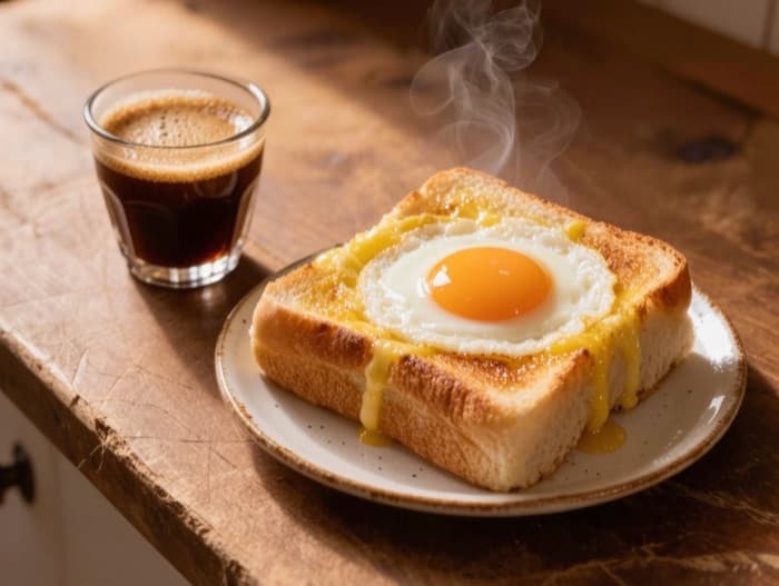 Brazilian Buttered Bread with Eggs and Coffee, plated and ready to serve