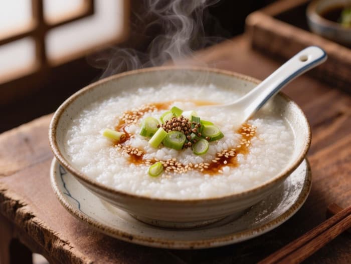 Rice Congee with Scallions and Soy, plated and ready to serve