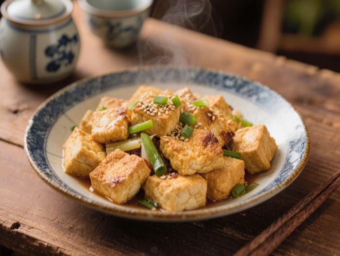 Chinese-Style Tofu Scramble with Scallions, plated and ready to serve