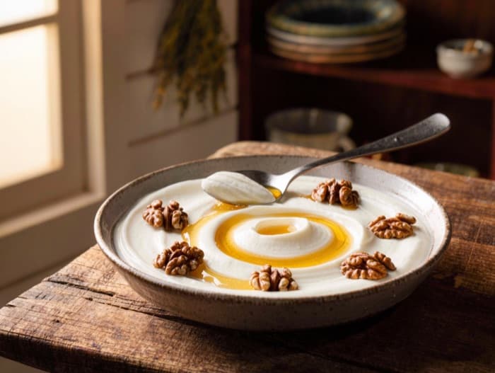 Greek Yogurt with Honey and Walnuts, plated and ready to serve