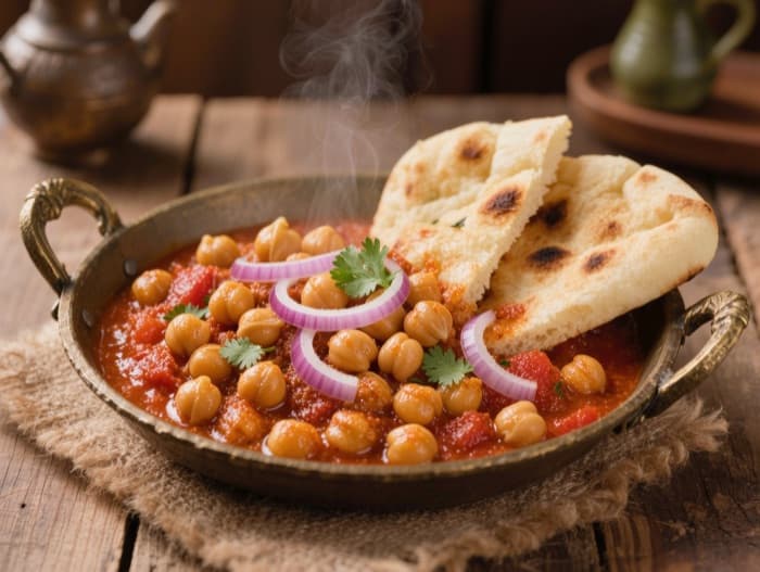 Breakfast Chickpeas with Naan, plated and ready to serve