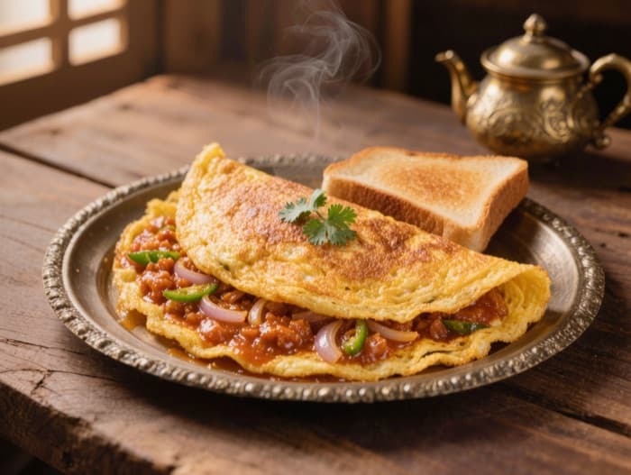Masala Omelette with Buttered Toast, plated and ready to serve