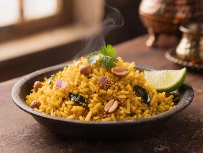 Turmeric Poha-Style Breakfast Rice, plated and ready to serve