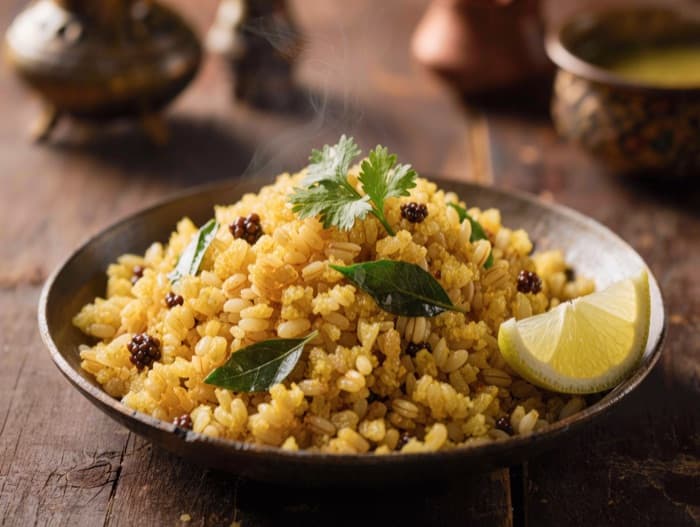 Savory Cracked Wheat Upma, plated and ready to serve