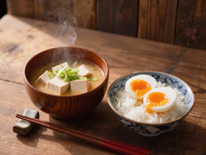 Miso Soup with Rice and Soft Egg, plated and ready to serve