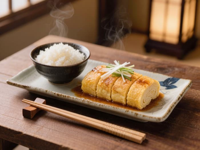 Tamagoyaki with Rice, plated and ready to serve