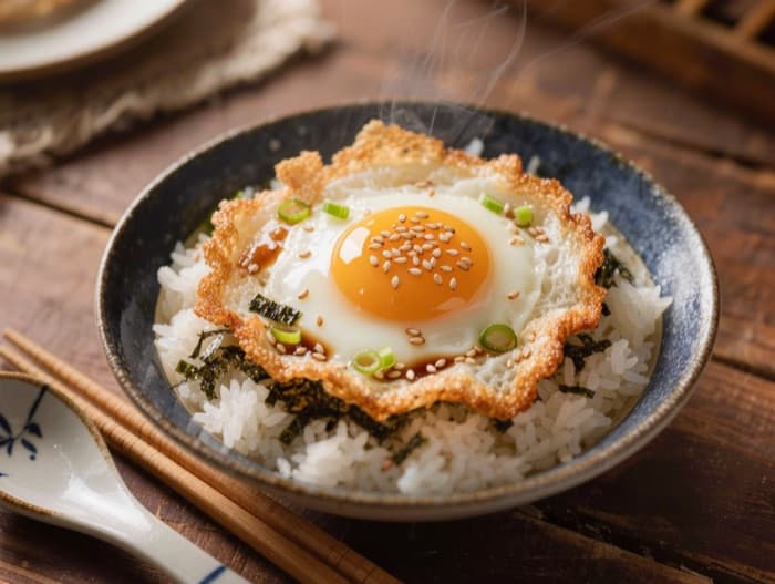 Korean Egg Rice with Sesame and Soy, plated and ready to serve