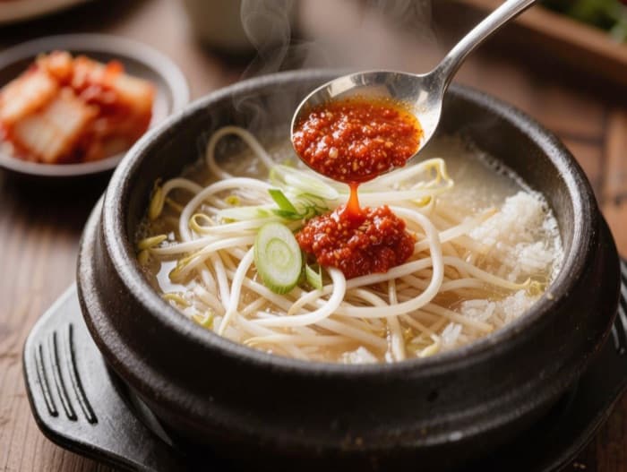 Korean Bean Sprout Soup with Rice, plated and ready to serve