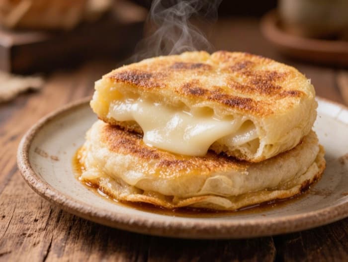 Corn Cakes with Melted Cheese, plated and ready to serve