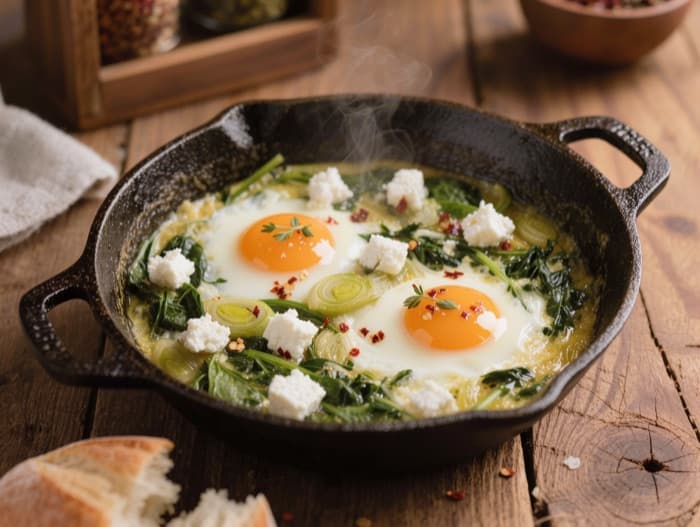 Green Shakshuka with Spinach and Feta, plated and ready to serve
