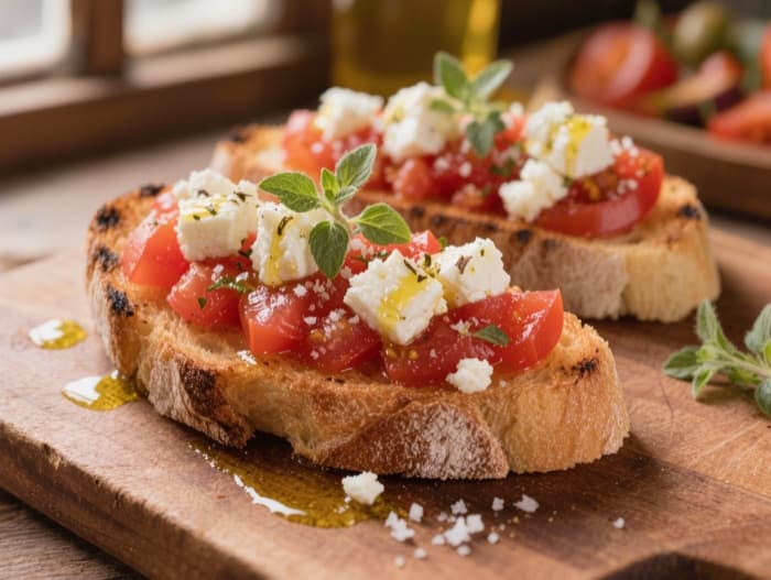 Tomato and Olive Oil Toast with Feta, plated and ready to serve