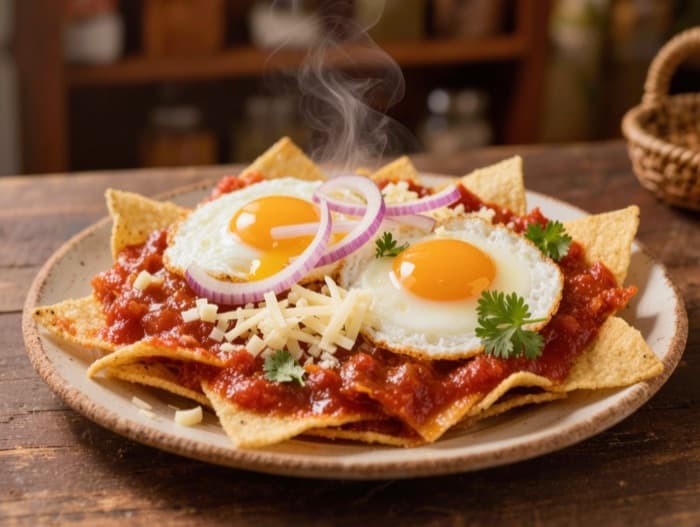 Chilaquiles Rojos with Fried Eggs, plated and ready to serve