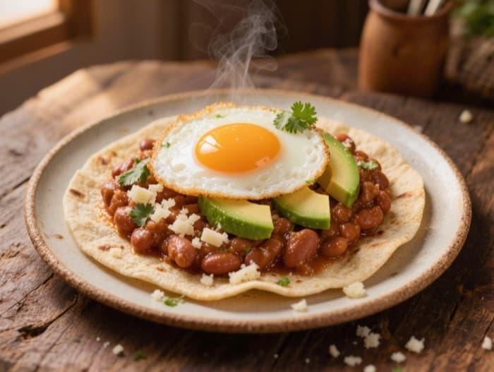 Refried Beans and Egg Breakfast Tostadas, plated and ready to serve