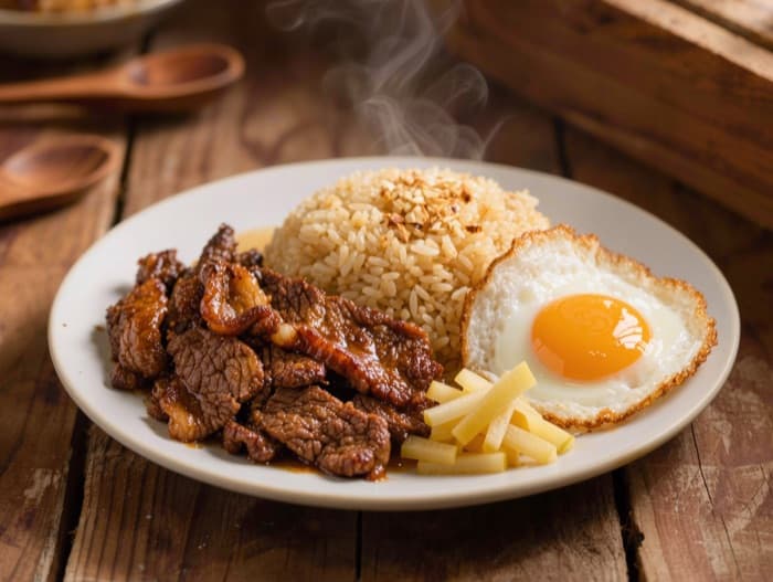 Beef Tapa with Garlic Rice and Egg, plated and ready to serve