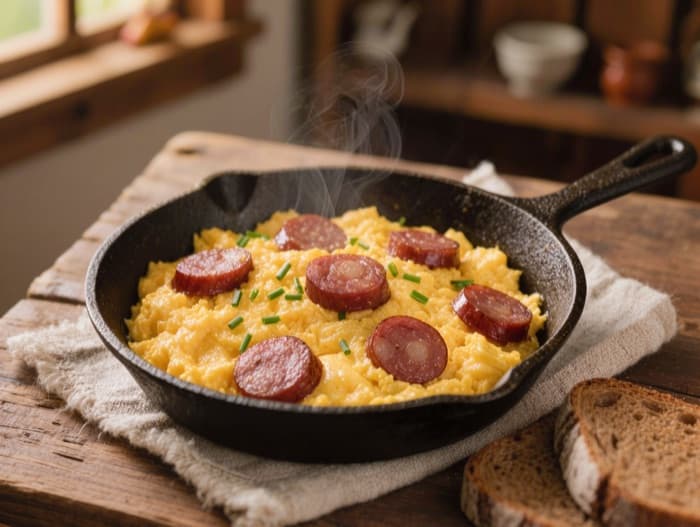 Polish Scrambled Eggs with Kielbasa, plated and ready to serve