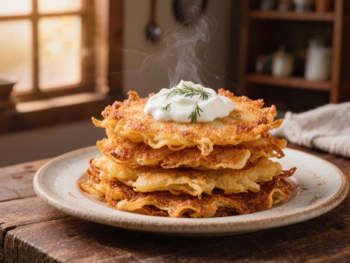 Potato Pancakes with Sour Cream, plated and ready to serve