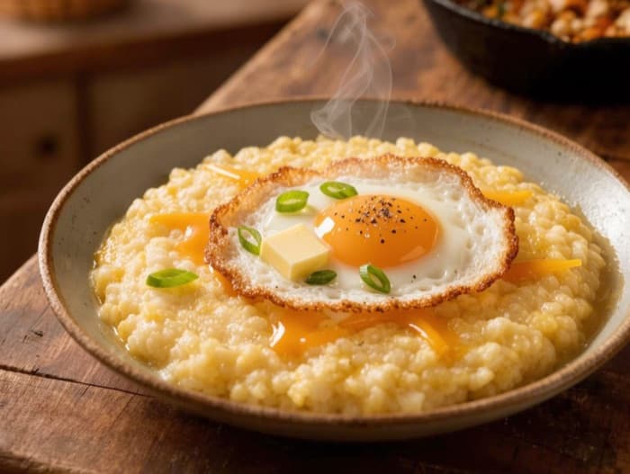 Cheddar Grits with Fried Eggs, plated and ready to serve