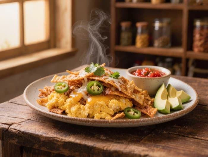 Migas with Crisped Tortilla and Jalapeno, plated and ready to serve