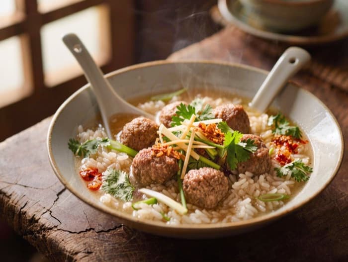 Thai Rice Soup with Pork and Ginger, plated and ready to serve